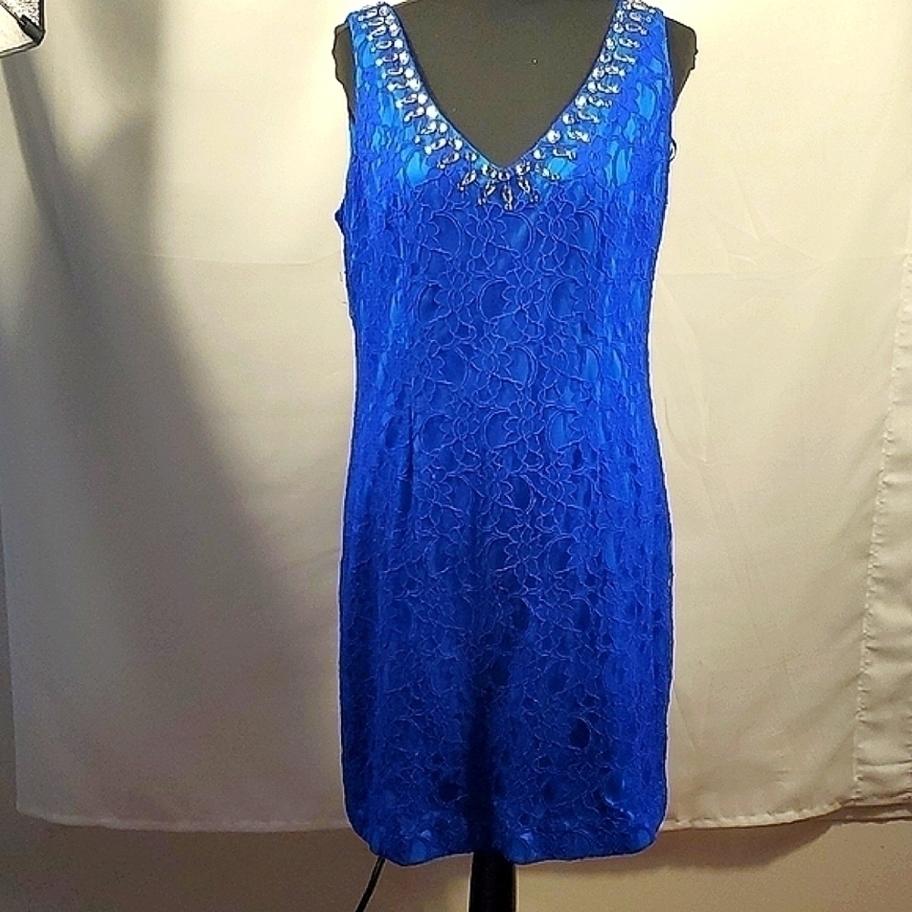 Adrianna Papell Hailey Blue Lace Evening Gown/Dress Size 14